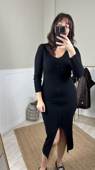 Siyah Önü Düğme Detaylı Yırtmaçlı  Triko Elbise