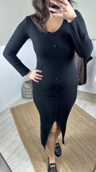 Siyah Önü Düğme Detaylı Yırtmaçlı  Triko Elbise
